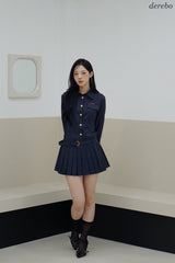 Navy Pleats Gold Shirt Wedding Guest Dress