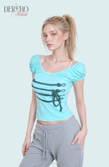Rope Mint Shirring Off-Shoulder Short Sleeve T-Shirt