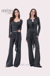 Royal Charcoal Frill Training Three-Piece Setup (Cardigan+Sleeveless+Pants)