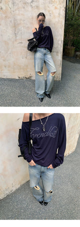 Navy unbalanced off-shoulder beads loose fit sweatshirt