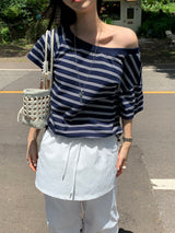 [MADE] ストライプアンバランスオフショルダーTシャツ