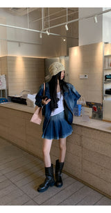 denim loose fit collar zip-up jacket two-piece (skirt set)