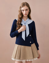 Jennifer Silver Button Point Asymmetric Blouse Sweatshirt Navy