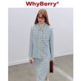 Why Berry 24SS "Sea Salt Bubble" ブルーアンドホワイトチェッカーショートコートショルダーパッドストレートジャケット