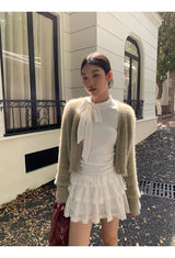 ハーフタートルネックストラップレースフリルロングスリーブTシャツ