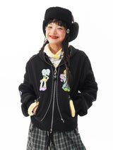sillysis 黒のかわいい女の子イラスト、両頭金属ジッパー構造感スウェットパーカー