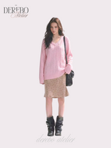 Baby Pink Twisted V-neck Loose Fit Knitwear