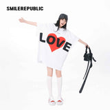 ホワイトコットンLOVEハートグラフィックオーバーサイズTシャツ