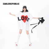 ホワイトコットンLOVEハートグラフィックオーバーサイズTシャツ