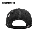 Black Distressed Denim Baseball Cap with Pearl-Tone Pendant and Metal Ring Details