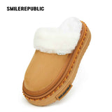 Almond Tan Furry Trim Platform Mule Slippers, Closed Toe Winter Shoes