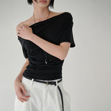 [Bachein] One-Shoulder Shirred Short-Sleeve T-Shirt - 4 Colors