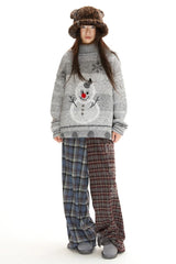 Retro elastic waistband comfortable casual and laid-back color-blocked straight-leg checkered pants