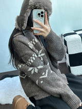 スノーフラワーカラーノルディックツーウェイジッパーニットジップアップ❤🖤🤎🩶🤍5カラー