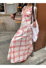 Red checkered V-neck sleeveless long dress