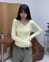 レブン Vネック ボタン ロング スリーブ Tシャツ