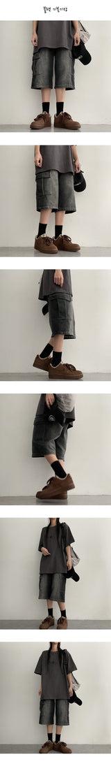 [S-2XL/Long, Basic, Short] ルーカスウォッシングカーゴワイドデニムハーフパンツ