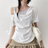 Button Point 💫Straight Layered Off-Shoulder Short-Sleeved T-Shirt (4 colors)
