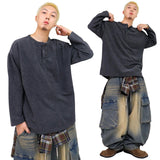 オーバーワッフルヘンリーネック長袖Tシャツ