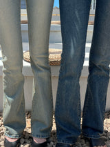 High waist light & deep blue washed bootcut long denim pants (2 colors)