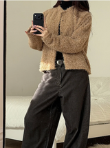 Hairy crop round knit cardigan(3color)