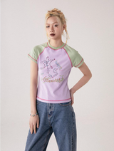 Contrast color printed round neck short sleeve T-shirt