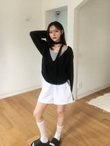 Wrap loose fit shirring hooded knit (4c)