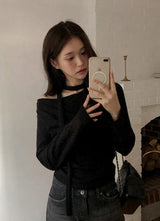 Drape One Shoulder Warm Knit +Tie Set (5color)