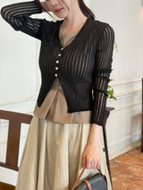 Hennua Half-Button See-Through Ribbed Cardigan