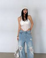 Lace torn jeans. Wide jeans