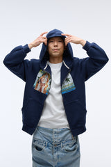 Sound wave artwork damage washing hoodie zip-up (Navy)_1