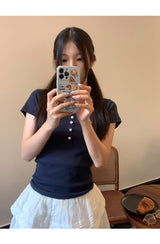 半袖ボタンスリムリブド半袖Tシャツ