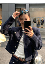 ネイビー ツイード ノーカラー センス ジャケット
