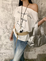 レタリングワンショルダーオフショルダーオーバーフィット半袖Tシャツ