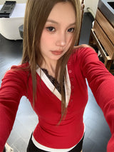 レースレイヤード長袖VネックTシャツ