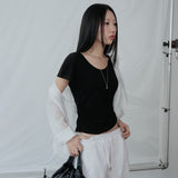 [Tiria] Back-Twist Shirred Short-Sleeve T-Shirt - 3 Colors