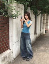デロン デニム ウォッシング バンディング スナップ ワイド パンツ