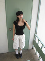 Bogi Shirring Flower Embroidery Slim Short Sleeve T-shirt