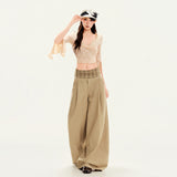 Khaki Check Wide-Leg Elastic Waist Trousers