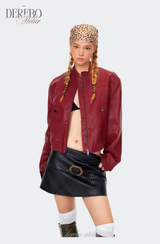 burgundy cropped wide leather jacket