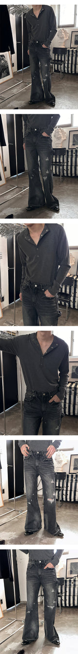 [Unisex] ダメージブーツカットフレアパンツ