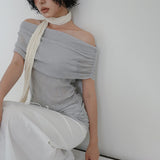 [Arid] Golgi Shirring Short Sleeve Off Shoulder Knit -4color