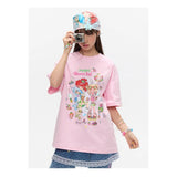 BETWEENAND xsunonebird Summer Loose Printed Top Two Color Pure Cotton Round Neck Short Sleeve T-shirt for Women
