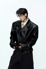 Pin Detail Geisha Print Leather Jacket