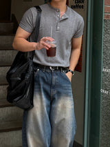 Front cut line henry-neck short sleeve t-shirt
