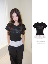 ブラックレタリングビーズレースフリル半袖Tシャツ