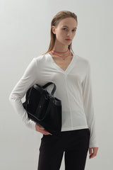 Deep V-neck Panel Top_White