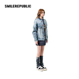 Denim Blue Washed 100% Cotton Oversized Zip Front Denim Jacket with Frayed Back Graphic