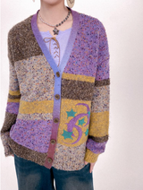Color dot jacquard patchwork knitted cardigan sweater