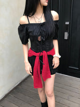 Lovely Note Two-Way Square Neck Off Shoulder Ribbon BLouse